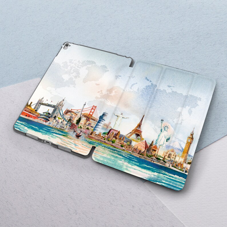 May include: A watercolor illustration of famous landmarks from around the world, including the Eiffel Tower, the Statue of Liberty, and the Great Wall of China. The illustration is printed on a white background and is perfect for a tablet case.