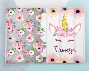 Floral iPad case 6th Pro 11 Flowers Personalized Name Unicorn iPad 9 7 2018 Cute Girl Custom Pink iPad Pro 10.5 Pro 12.9 Mini 4 Air 2 Air 3