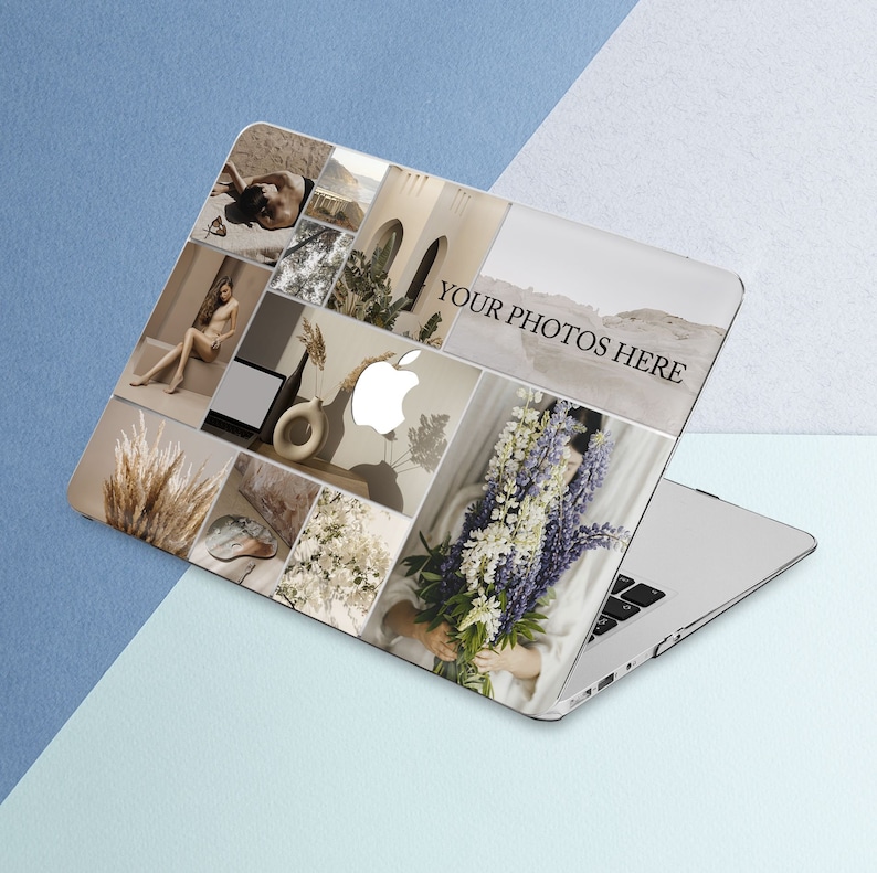 May include: A laptop computer with a custom design featuring a collage of images, including flowers, nature scenes, and abstract patterns. The text "YOUR PHOTOS HERE" is displayed on the laptop cover.