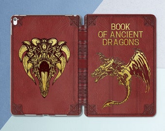 Book of dragons print Case that looks like book iPad case animal Dark red case iPad case vintage Mystical art case Burgundy case iPad cover
