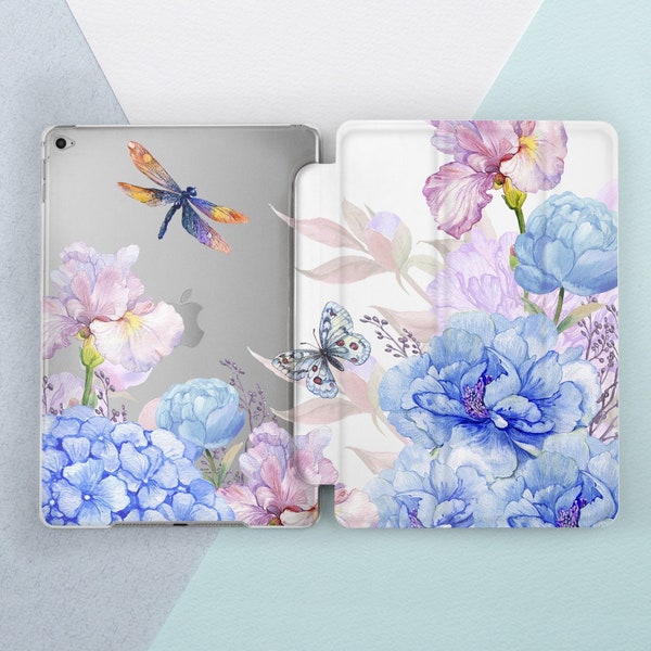 Flowers Dragonfly Summer iPad case 10th gen Floral Peonies Cute iPad 10 2 Girl iPad Pro 10.9 Pro 12.9 Mini 6 Air 5 Smart Cover Elegant Blue