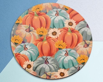 Pumpkin orange art Desk Pad Fall Autumn print Mousepad botanical Yellow flowers art Round mouse pad Square mouse pad Floral print cover Teal