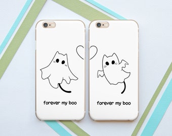 Funny cat case iPhone case ghost Cartoon animal case Matching phone cases His and hers Halloween art case Couple phone case Heart White case