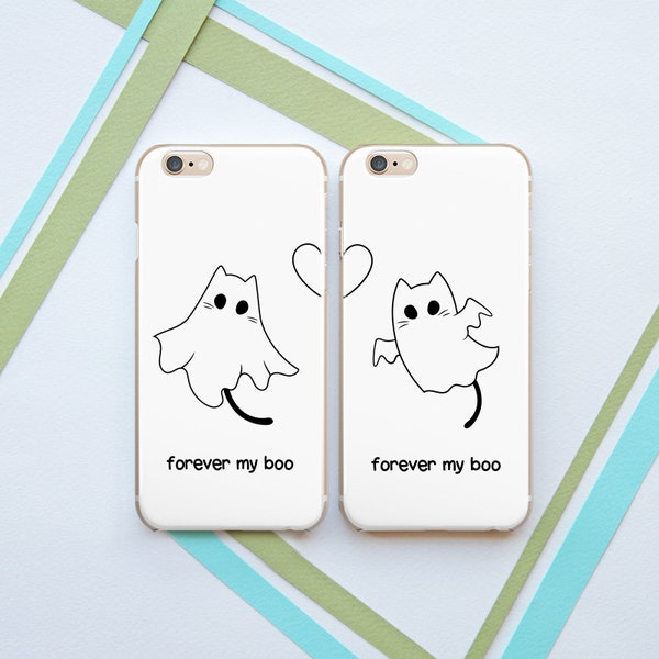 Funny cat case iPhone case ghost Cartoon animal case Matching phone cases His and hers Halloween art case Couple phone case Heart White case