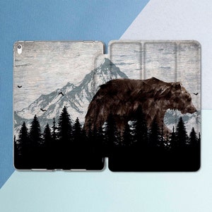 Bear iPad case Wood Mountain Forest iPad Trees Nature Animal Men Wild animal Inspirational art Fir trees Gray Air 13 Pro 13 11th gen Mini 7