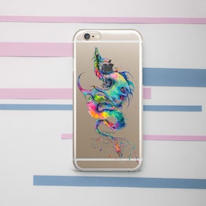 May include: Clear iPhone case featuring a colorful watercolor design of a dragon or serpent. The artwork includes vibrant hues of blue, green, pink, and yellow. The phone case is shown on a white surface with pink and blue stripes.
