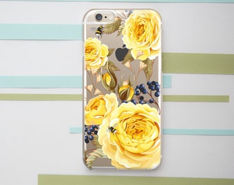 Yellow roses case Transparent phone case iPhone case girly Floral Plants art iPhone case flowers iPhone XR case iPhone 13 Pro iPhone 11 Bee