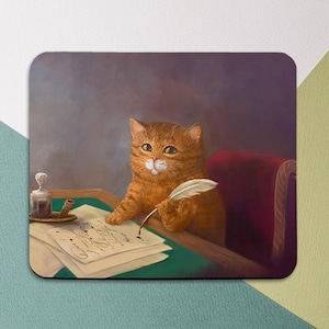 May include: A rectangular mouse mat featuring a ginger cat writing with a quill. The cat sits at a desk with ink, paper, and a pipe. The background is a muted purple and green.