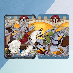 May include: A tablet case featuring a medieval battle scene. Knights on horseback clash with swords, set against a backdrop of a castle and a golden sky. The illustration is detailed with vibrant colors and historical attire.