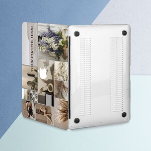 May include: A clear plastic laptop case with a collage of photos on the back. The photos are in shades of beige, brown, and white and include flowers, feathers, and abstract shapes. The text "YOUR PHOTOS HERE" is printed on the case.