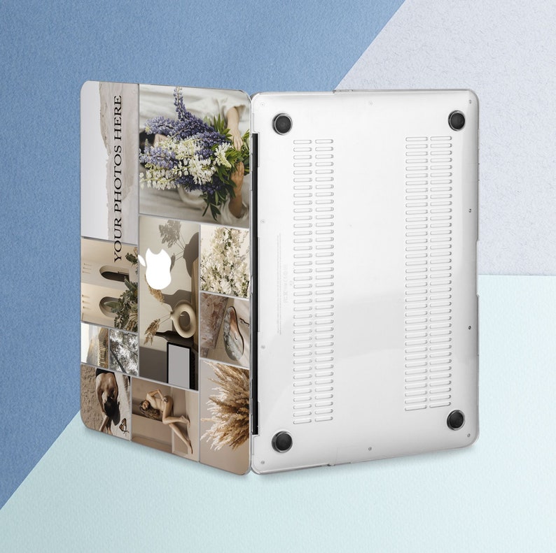 May include: A clear plastic laptop case with a collage of photos on the back. The photos are in shades of beige, brown, and white and include flowers, feathers, and abstract shapes. The text "YOUR PHOTOS HERE" is printed on the case.