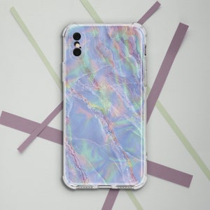 May include: A clear phone case with a iridescent marble pattern in shades of blue, pink, and green.