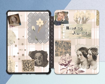 Reading journal print Kindle cute cover Checkered Pale beige Reading lover gift Woman Man Scraboking Vintage style Quilted Paperwhite Oasis