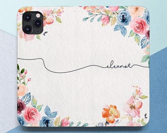 Flip Phone Case iPhone case name Wallet Phone Case Personalized case Custom saying case Watercolor flowers iPhone 15 14 Plus 13 12 Pro 11