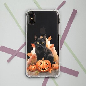 Halloween cat iPhone case bumper Orange leaves print Autumn Fall decor Phone clear case Creepy pumpkin case Case for Samsung Spooky animal
