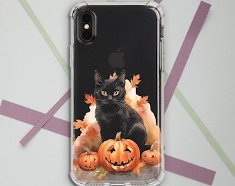 Phone case Halloween cat Case bumper Orange leaves Autumn Fall decor iPhone 17 16 Creepy pumpkin case Case for Samsung s25 s24 Spooky animal