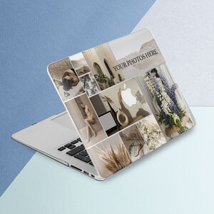 May include: A laptop computer with a collage of images on the lid. The images include a variety of subjects, such as plants, flowers, and people. The text "YOUR PHOTOS HERE" is printed on the lid.