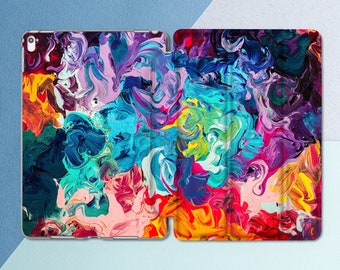 Oil paint print iPad case Art Colorful Abstract Aesthetic Painting Rainbow Simple Flip stand Swirl print case Modern art cover Friends gift