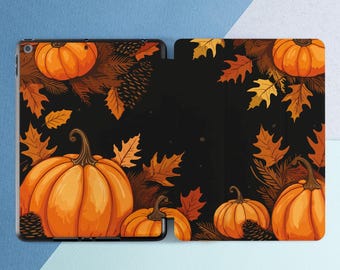 Black smart cover Fall Autumn decor iPad case pumpkin Botanical Vegetables art Halloween art case iPad flip stand Orange leaves case Pine