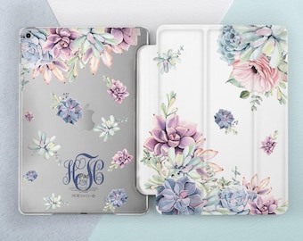 Succulent iPad case Monogram Floral Custom Initials Name Personalized Cute Plant Aesthetic Botanical Pro 13 Air 13 Mini 7 11th gen Pro 11