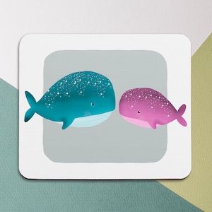 Pink teal whales Kawaii couple art Mousepad desk mat Mousepad small Ocean animal art Watercolor art cover Square mouse pad Friends gift cute