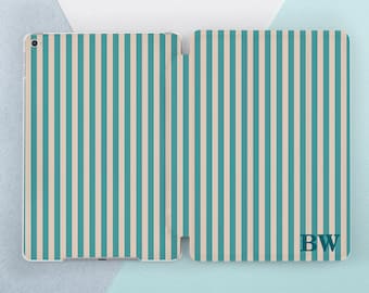 Beige Teal stripes iPad case initials Personalized iPad case custom Trendy Sipmple Man Woman case iPad mini 7 Air 13 Pro 11 Pro 13 10 9 A16