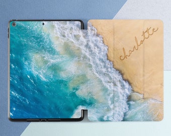 iPad case pencil holder Beach print case Summer nature art Blue water print Personalized custom iPad name Pro 11 13 Mini 7 Air 13 11th gen