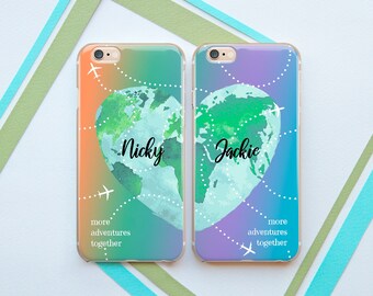Matching phone cases iPhone case hearts World map print Custom name print His and her Phone plane iPhone case couple iPhone 17 Air 16 15 14