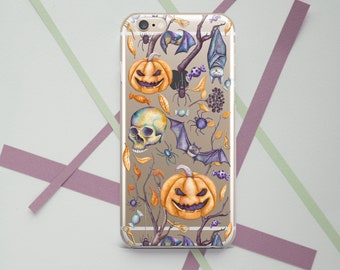 Halloween iPhone case Orange pumpkin case Skull Cute case Autumn Gothic Leaf  iPhone case bat Google Pixel 6 Google Pixel 5 Clear case