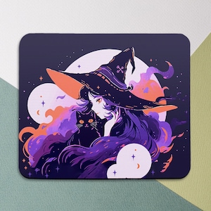 May include: A purple-haired witch with a black cat in her arms, wearing a black witch hat with an orange brim, against a background of purple and orange clouds and stars.