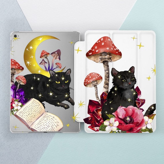 Cute black cat Mushrooms art case iPad case magic iPad case floral iPad 10 9 case Mythical animal art iPad case moon iPad case 12 9 Stand