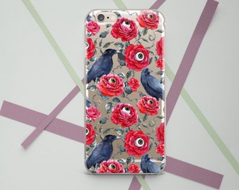 iPhone cover Gothic Black raven crow Halloween Scary Creepy eye Red flowers Black magic iPhone case 17 Pro Max 16 15 14 Google Pixel 9 8 7