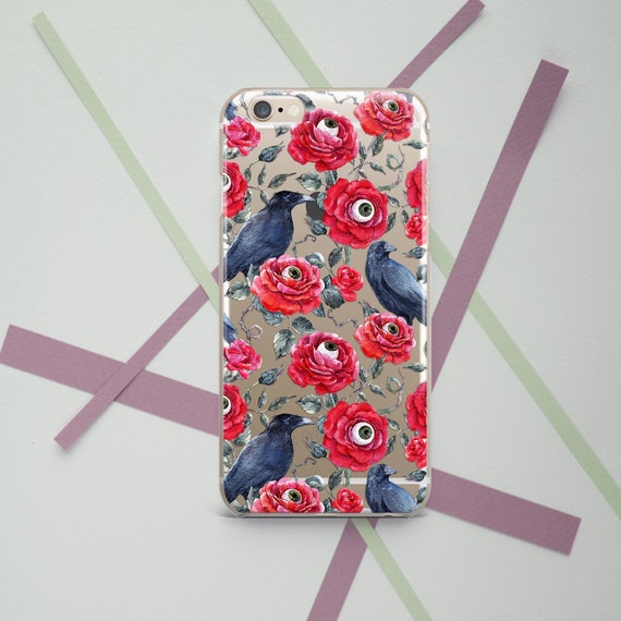 Gothic art case Black raven crow Halloween art case Scary Creepy eye Red flowers art Black magic iPhone case clear Google Pixel 5  Floral