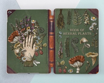 Vintage book print Book of herbal plants Occult Witch book art Magic iPad case green Botanical Floral Aesthetic iPad smart case Flip cover