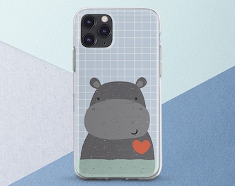 iPhone case hippo Cute animal Kawaii Cute Light blue checkered iPhone 17 Air Pro 17 Max 16 Pro 15 14 Pro 13 Mini 12 11 XR Pixel 9a 8XL 7
