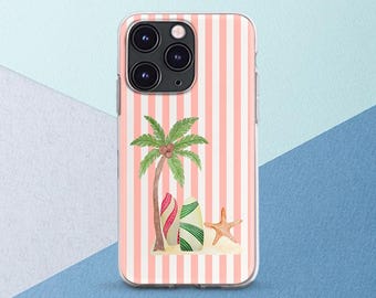 iPhone case stripes Palm tree Beach Seastar Surfing Pink White Stripped iPhone 17 16 15 14 13 case summer Cute Girly Google Pixel 9 Pro 8 7