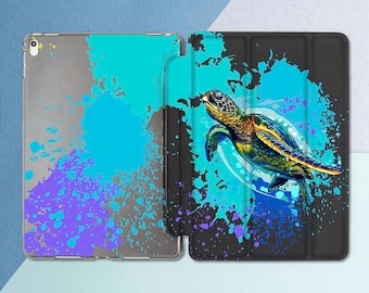 iPad case stand Watercolor turtle Marine animal Blue water Ocean Sea Aesthetic Mini 7 A17 Pro 13 M4 Air 13 2026 11th gen A16 10 2 Pro 11
