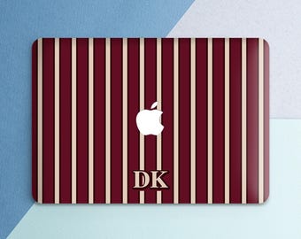 Macbook case stripes Maroon Dark red cover Initials Custom Personalized Hard case Simple Minimalist Air 13 M5 Air 15 Pro 14 Pro 16 2026 Neo