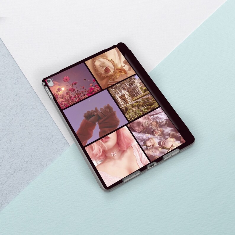 Puede incluir: Una funda de tel&eacute;fono negra con un collage de im&aacute;genes. Las im&aacute;genes incluyen una flor rosa, una mano sosteniendo una mano, un edificio, un espejo y una mujer con el pelo rosa.