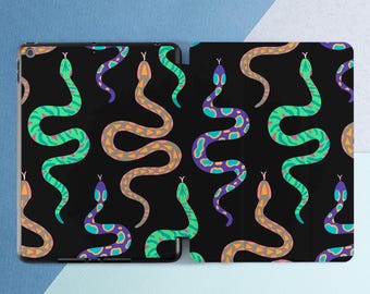 Cute rainbow snakes iPad case with pen slot iPad case black iPad case pencil Serpent art cover Trendy animal art smart cover Green Purple