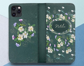Deep green cover iPhone wallet case Botanical Floral Personalized cover Mom gift Name Custom Wilth card holderiPhone 15 Pro Max 14 13 12 11