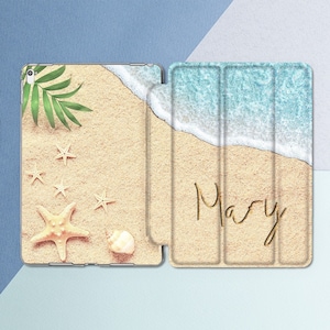 Beach iPad case Ocean Personalized Custom Name iPad smart cover Nature Palm tree Tropical Summer art Blue water Starfish Seashell print case
