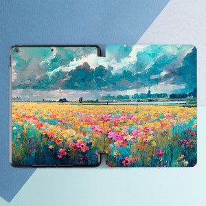 Oil paints flowers print Summer field art iPad case with pen slot iPad flip stand iPad case botanical Blue sky art case iPad 10th gen case