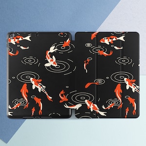 Koi fish art iPad black case iPad smart case ipad case pencil iPad  Japanese animals Aesthetic iPad black cover iPad case stand Red White