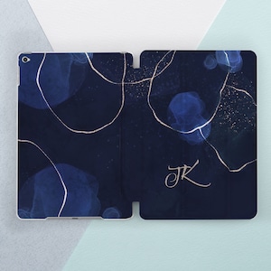 iPad case initials Deep blue smart case iPad case custom Personalized gift iPad flip stand Watercolor art case iPad 10 2 iPad 9th gen case