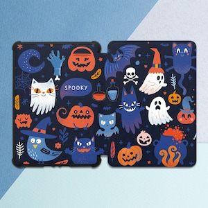 May include: A dark blue Halloween-themed tablet case featuring various spooky illustrations. The design includes pumpkins, cats, ghosts, bats, and the word "SPOOKY" in a speech bubble. The case is designed to protect the tablet.