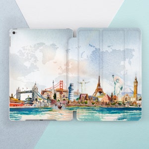 iPad case travel World map art iPad smart case Eiffel tower art London France art Watercolor art case iPad flip stand Aesthetic Mom gift