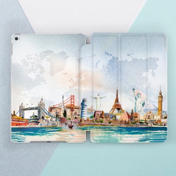 iPad case travel World map art iPad smart case Eiffel tower art London France art Watercolor art case Air 13 Pro 13 11 2025 Mini 7 12 9 10 2