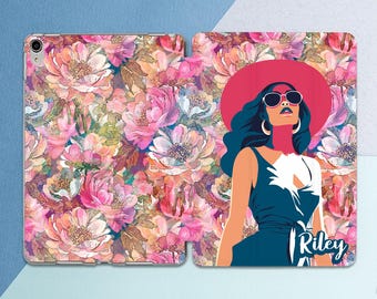 iPad case woman Pink floral pattern Personalized gift iPad name Summer girl iPad case custom Inspirational Air 13 Pro 13 Mini 7 11th gen