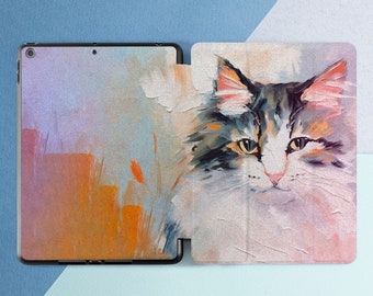 Cute cat art iPad case with pen slot Oil paints print Kawaii cat art iPad case pencil iPad case animal iPad Pro case iPad 10 2 iPad 10th gen